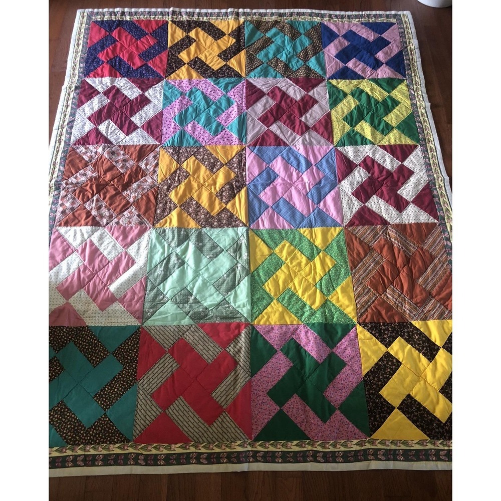 Vintage Quilt Pinwheel Design Bright Multicolored Design Hand Stitched 64x86 USA